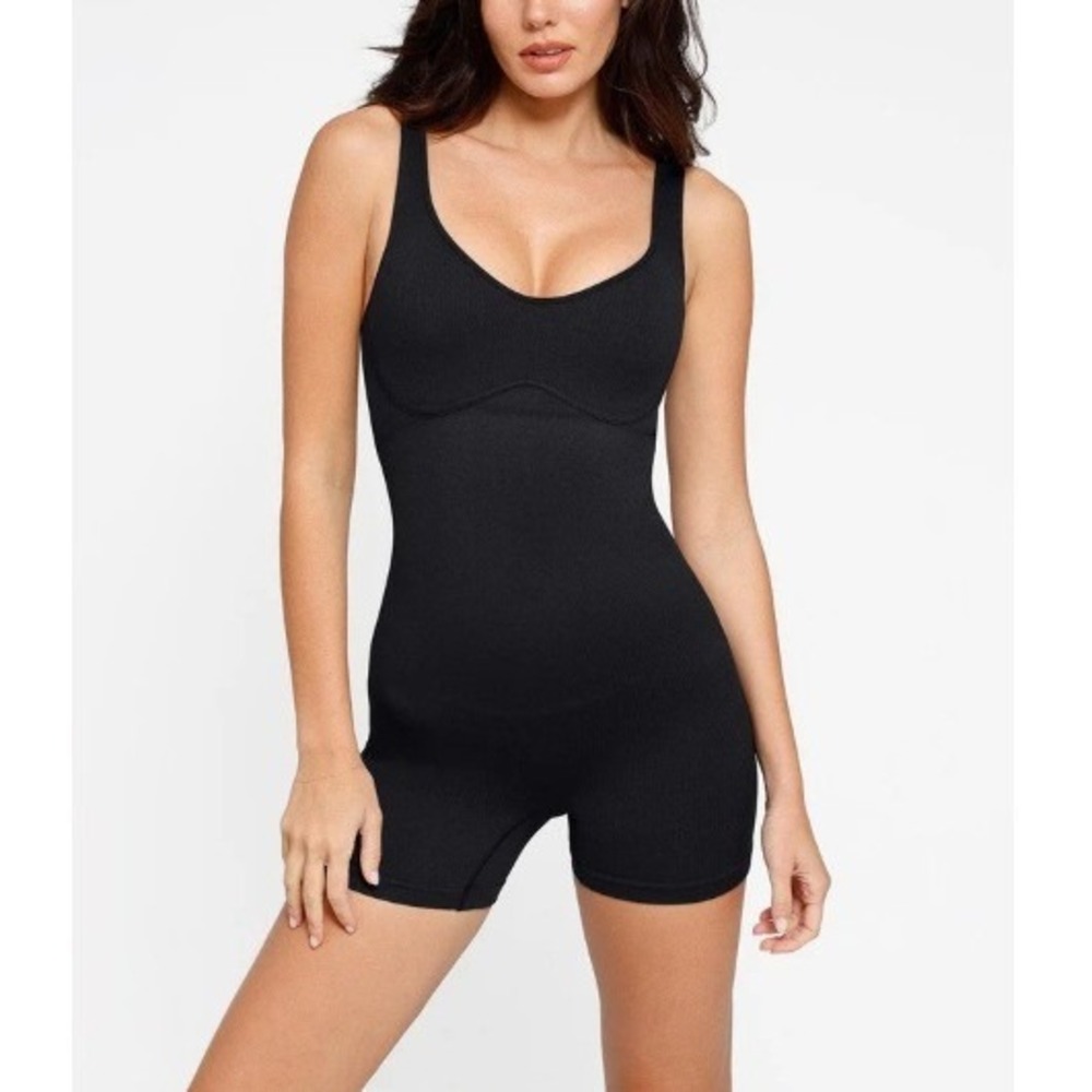 Popilush Women's Black Seamless Ribbed V-Neck‎ Romper Shapewear Bodysuits NWT XL